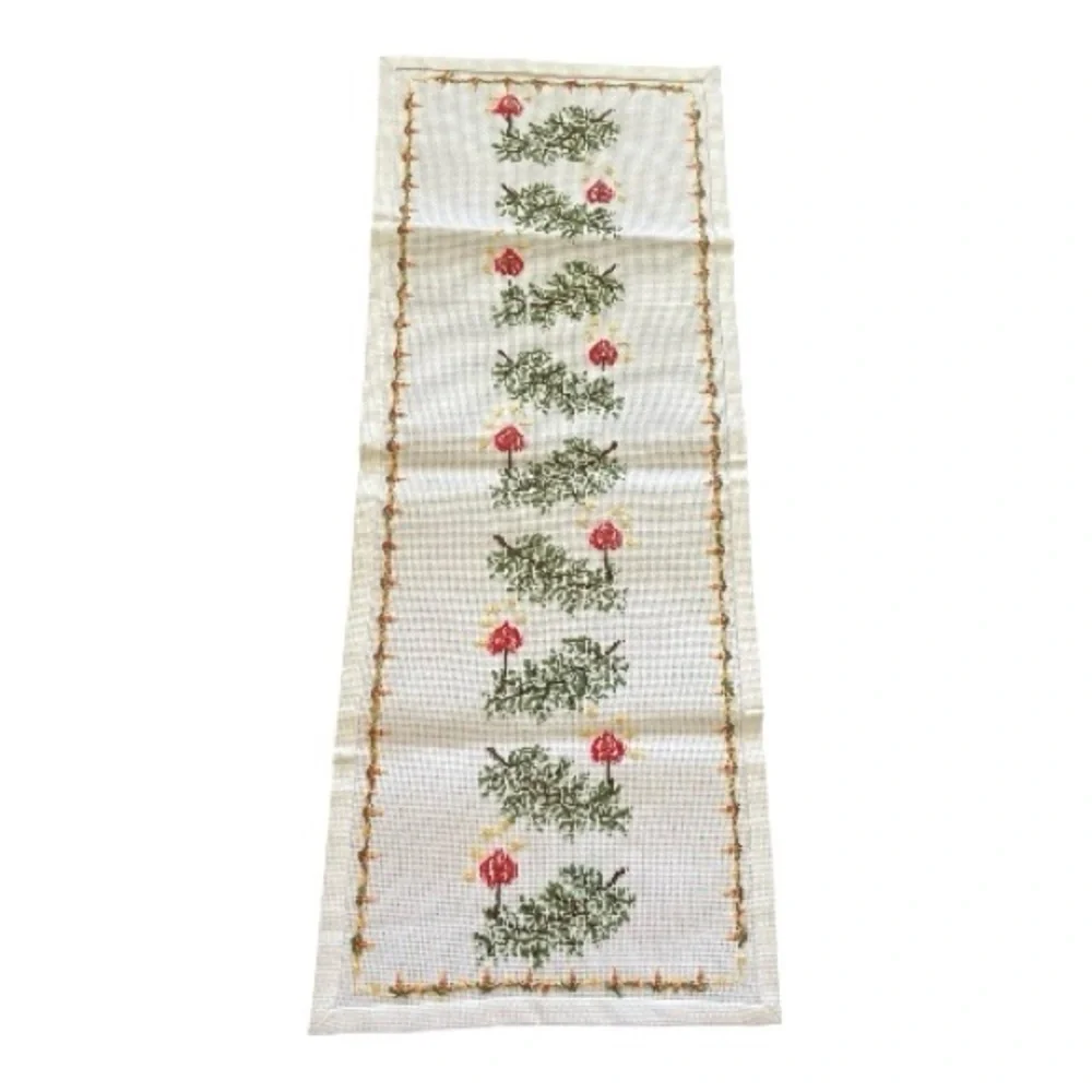 Festive Hand Embroidered Vintage Table Runner Heart and Pine Design Christmas
